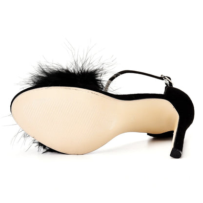 Fluffy Peep Toe Stilettos with Fur Feather